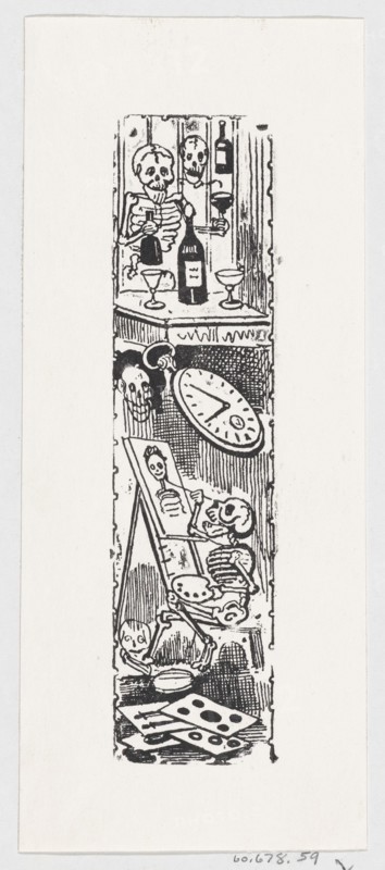 A skeleton painting and another skeleton holding a bottle of liquor, from a broadside entitled 'Aqui esta la calavera del editor popular', ca. 1880-1910.