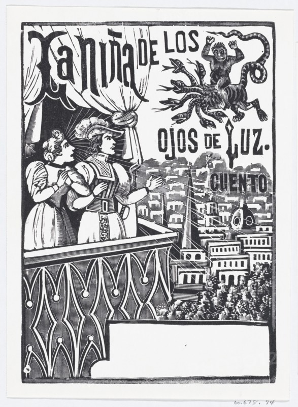 A woman and a man standing on a balcony looking up at a flying monster in the sky, La Niña de los Ojos de Luz, published by Antonio Vanegas Arroyo, ca. 1880-1910.