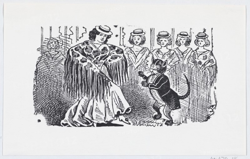 A woman dancing with a cat in a suit, ca. 1880-1910.