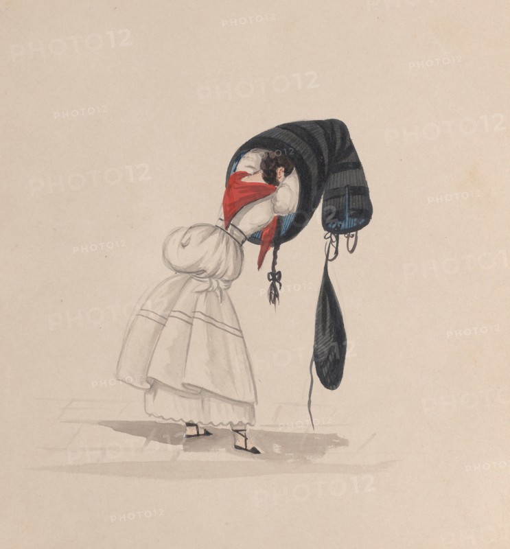 A woman putting on her saya, viewed from behind, from a group of drawings depicting Peruvian costume, ca. 1848.