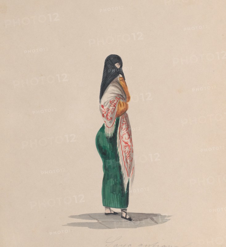 A woman wearing the saya standing in profile, from a group of drawings depicting Peruvian costume, ca. 1848.