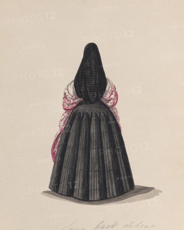 A woman wearing the saya viewed from behind, from a group of drawings depicting Peruvian costume, ca. 1848.