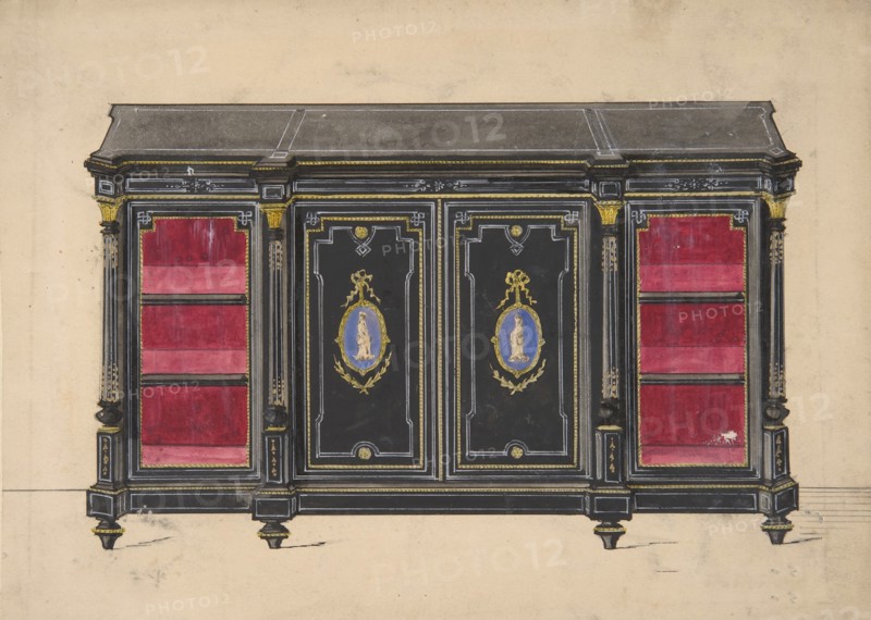 Cabinet Design with Porcelain Plaques and Red Interior, 19th century.