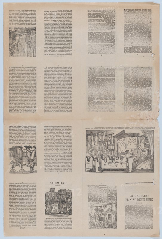 An uncut sheet printed on both sides with pages and illustrations: 'Ademdai' and 'Agraciado: El niño de un jeme', ca. 1900-1910.