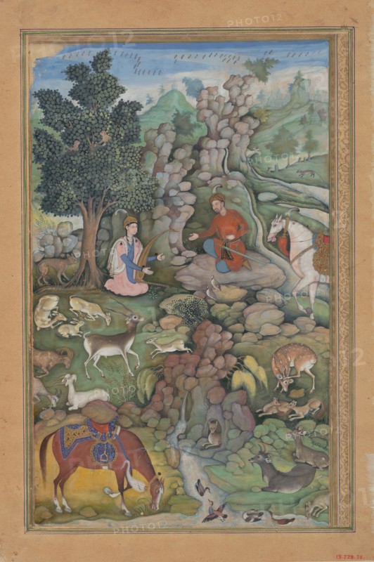 Bahram Gur Sees a Herd of Deer Mesmerized by Dilaram' s Music, Folio from a Khamsa (Quintet) of Amir Khusrau Dihlavi, 1597-98.