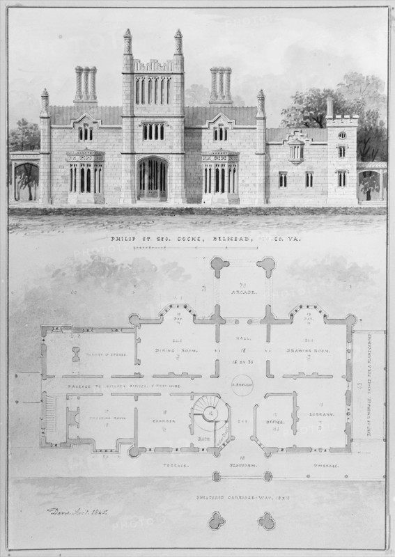 Belmead, for Philip St. George Cocke, Powhatan Co., Virginia (elevation and plan), 1845.