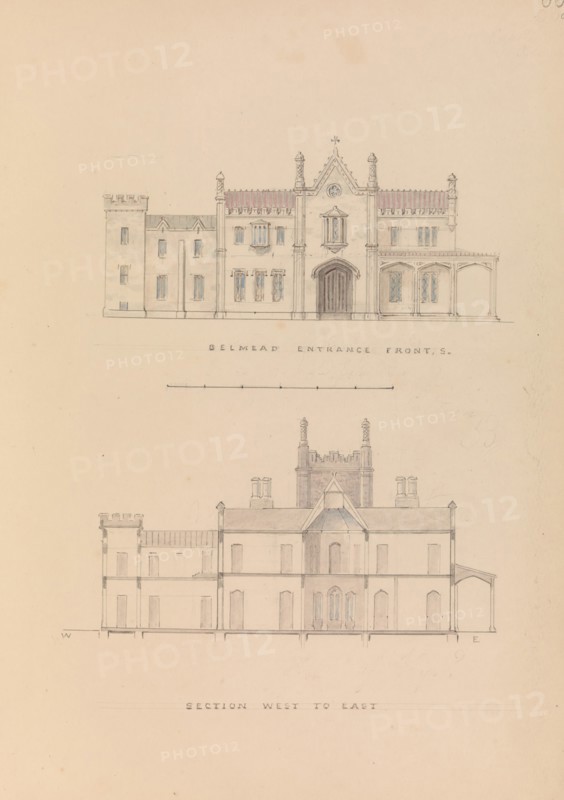 Belmead, James River, Virginia: Entrance façade and west-east section (recto); North-south section and upper floorplan (verso), 1845.