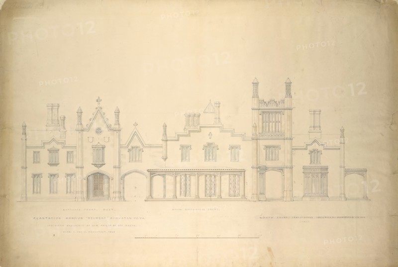 Belmead, Plantation Mansion for Philip St. George Cocke, Powhatan Co., Virginia (partial elevations of entrance facade, greenhouse facade and James River facade, shown as continuous), 1846.