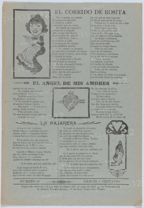Broadsheet featuring three love ballads with vignettes showing a woman reading, a woman's head in a heart pierced by an arrow and a woman walking, 1918 (published).