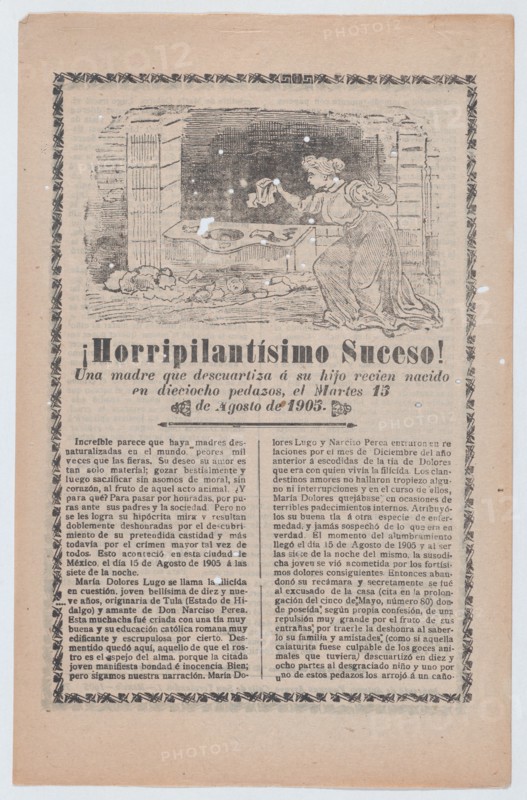 Broadsheet relating to a news story about a young mother who dismembered her newborn, a woman discovering the scene of the crime, 1905.