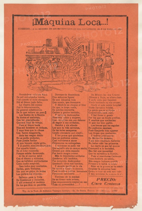 Broadsheet relating to a train accident that killed many people, wounded victims being carried on stretchers, 1920 (published).