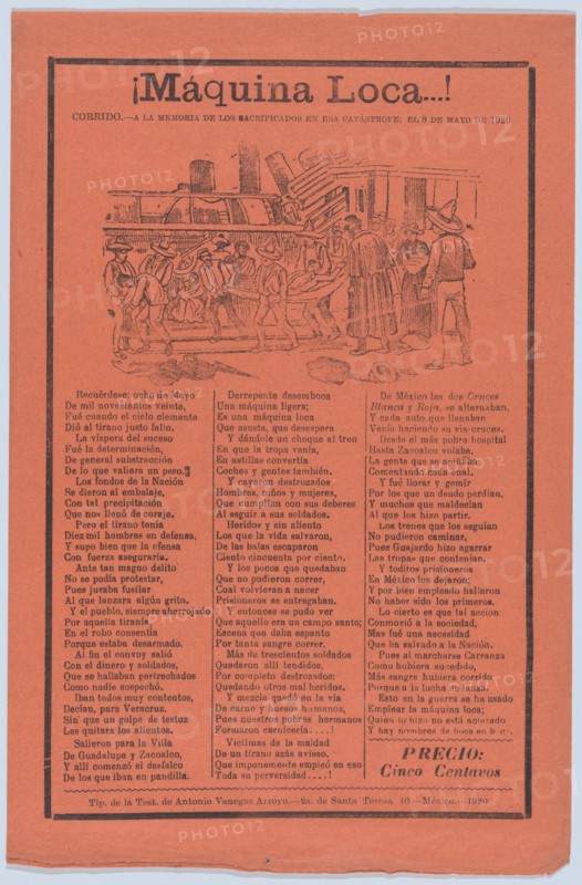 Broadsheet relating to a train accident that killed many people, wounded victims being carried on stretchers, 1920 (published).