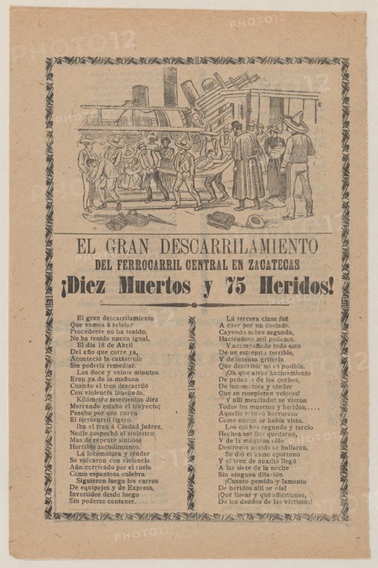 Broadsheet relating to a train that derailed in Zacatecas on 18 April 1904, a description in the bottom section, 1904.