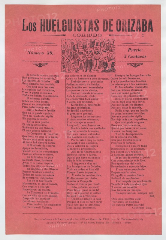 Broadsheet relating to a workers' strike in Orizaba, workers holding up the Mexican flag, flanked by soldiers, 1920 (published).
