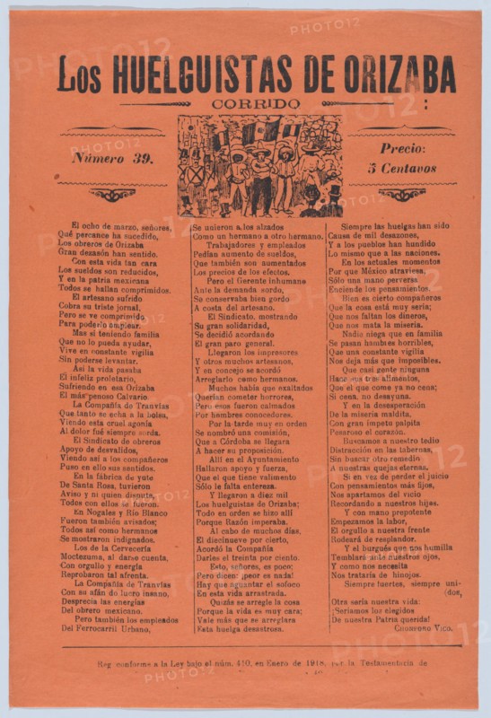 Broadsheet relating to a worker's strike in Orizaba, workers holding up the Mexican flag, flanked by soldiers, 1920 (published).