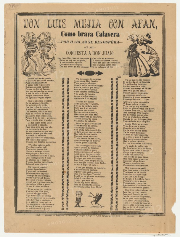 Broadsheet relating to Don Luis Mejia con Afan, a corrido (ballad) in the bottom section, 1907.