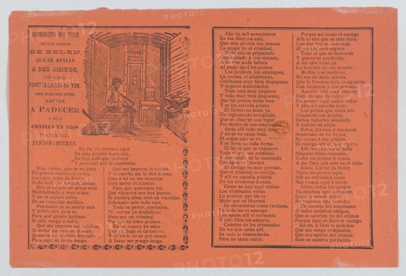 Broadsheet relating to life in prison, a man in his jail cell, ca 1900-1913.