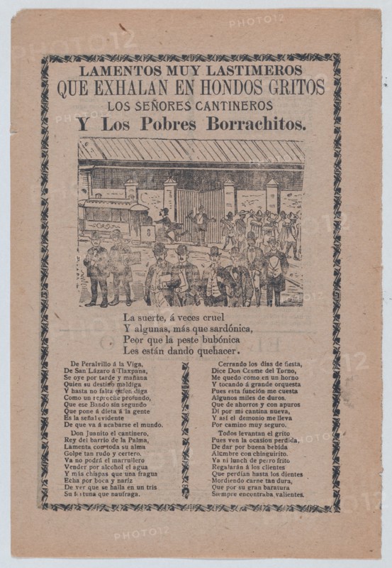 Broadsheet relating to men who frequent bars, different groups of men walking in the streets and one man running after a trolley car, ca. 1903.