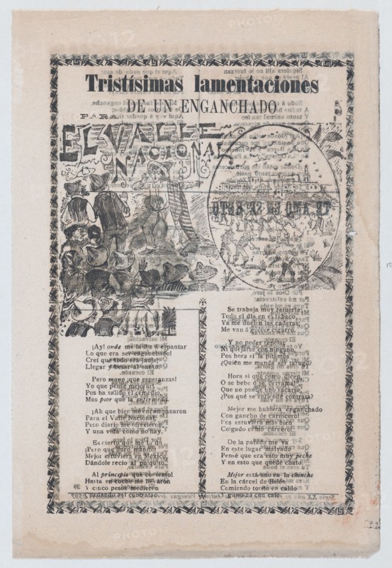 Broadsheet relating to people being tricked into working in tobacco fields, a man warning a crowd about harsh labor conditions, 1903.
