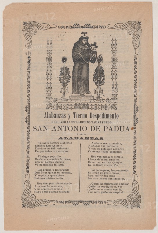 Broadsheet relating to Saint Anthony of Padua who is shown holding the Christ child flanked by a candelabra with flowers, ca. 1900-1913.