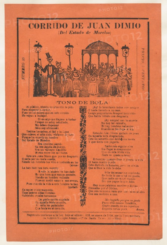 Broadsheet relating to the death of Juan Dimio, crowd of people gathered around a gazebo while a man wearing a top hat looks out toward viewer, 1918 (published).