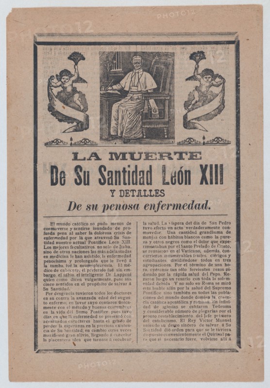 Broadsheet relating to the death of Pope Leo XIII, he is shown in his study flanked by angels, ca. 1900-1913.