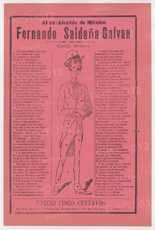 Broadsheet relating to the ex mayor of Mexico, Fernando Saldaña Galvan, who is standing in the center covered in holes, ca. 1920 (published).
