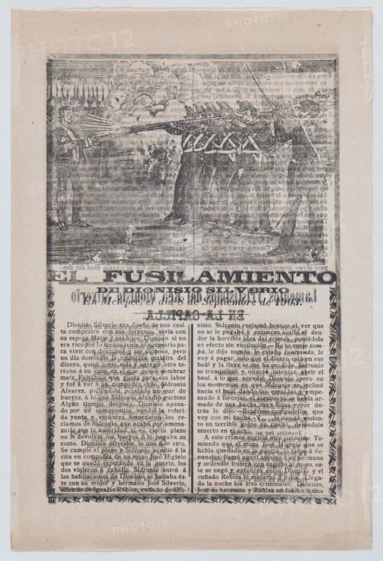 Broadsheet relating to the execution of a murderer named Dionisio Silverio, a firing squad in the upper section, ca.1903.