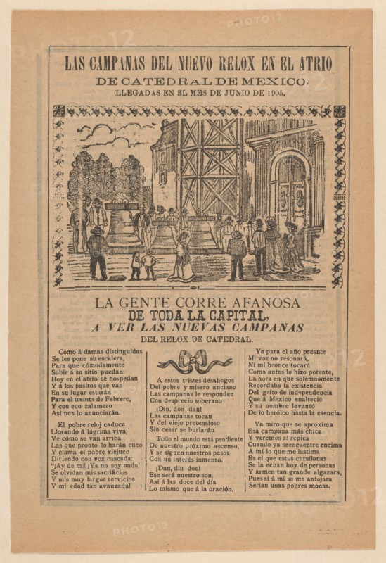 Broadsheet relating to the new clock installed in the cathedral in Mexico City in June 1905, 1905.