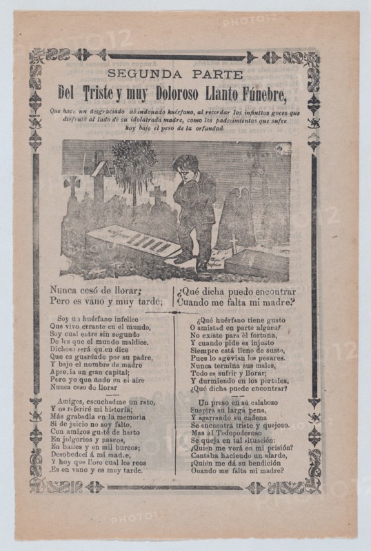 Broadsheet relating to the plight of an orphan, young boy mourning in a cemetery, ca. 1900-1913.