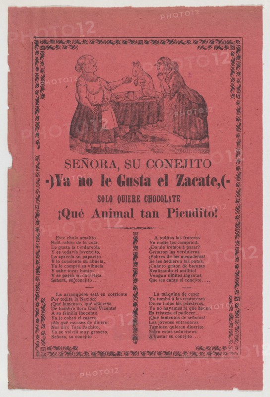 Broadsheet relating to the rabbit that does not like hay but only chocolate, a corrida in the bottom section, 1903.
