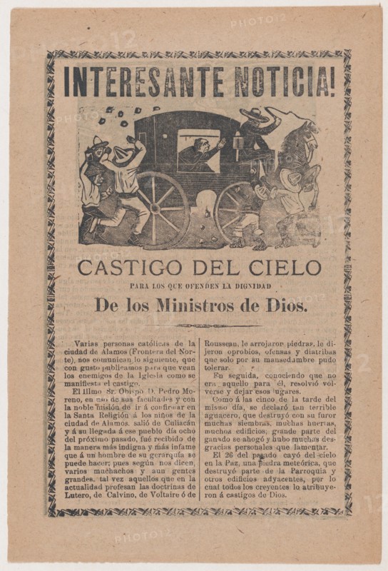 Broadsheet relating to the story of a falling meteor that was interpreted by Catholics as God's punishment to the people of the town of Alamos for their poor reception of Bishop Pedro Moreno, 1903.