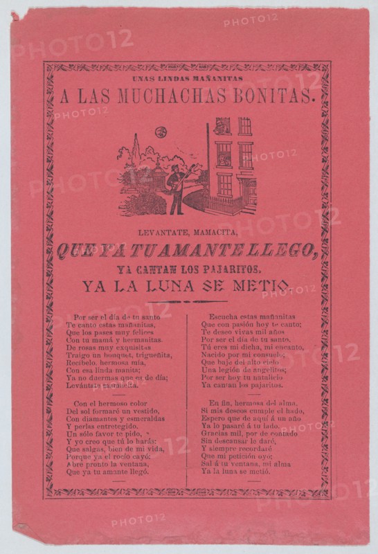 Broadsheet with a ballad about a man who stands outside his lover's window and sings to her, ca.1905.