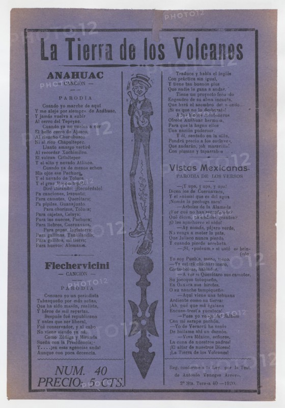 Broadsheet with comic ballads about Mexico, figure with long legs playing the guitar, 1920 (published).