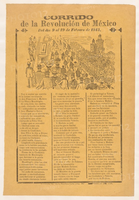 Broadsheet with corrida relating to the Mexican Revolution for the days 9-19 February 1913, 1913.