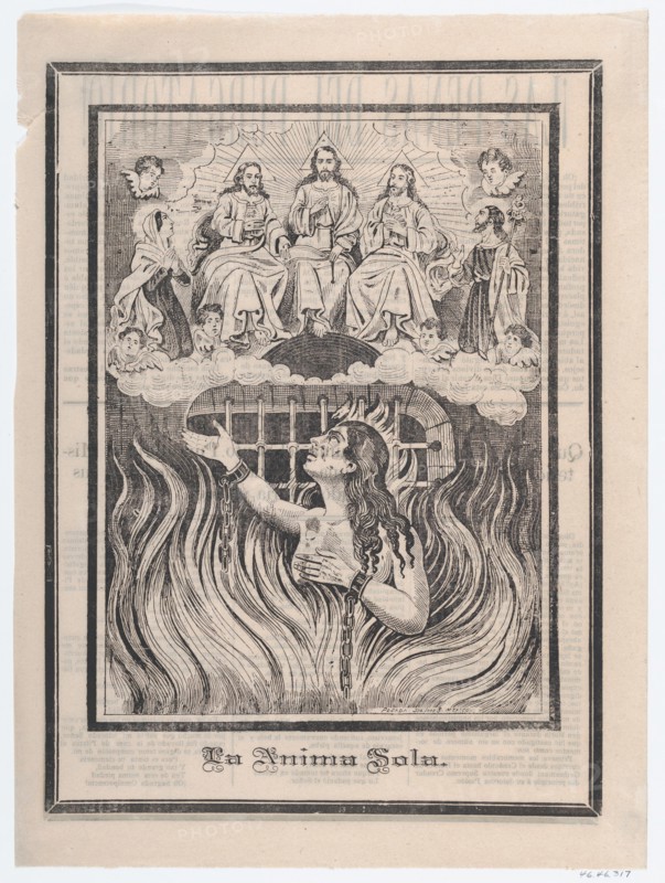 Broadsheet with image of a chained woman in purgatory and the Holy Trinity above, ca. 1900-1910.