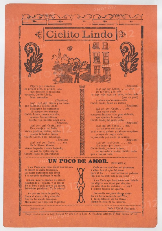Broadsheet with love songs, man playing an instrument and singing outside of his lover's window, ca. 1900-1913.