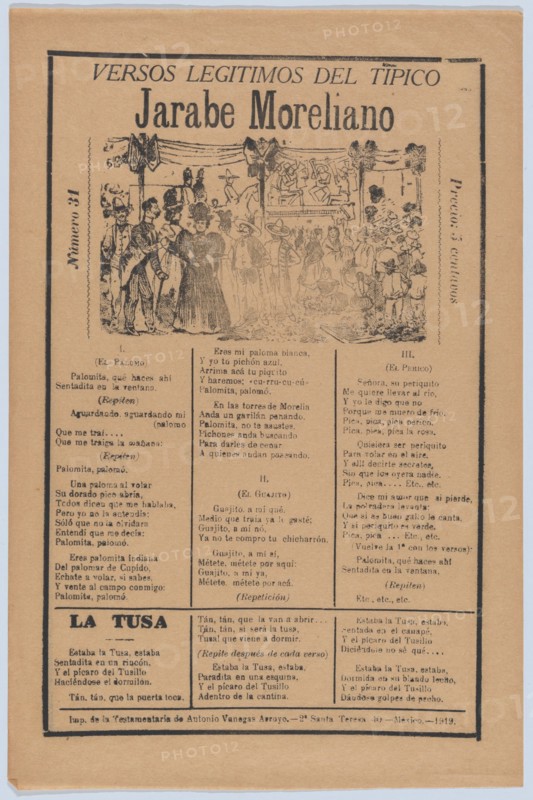 Broadsheet with songs for a Mexican courtship dance called the 'Jarabe Moreliano', a crowd of people and muscians, ca. 1919 (published).