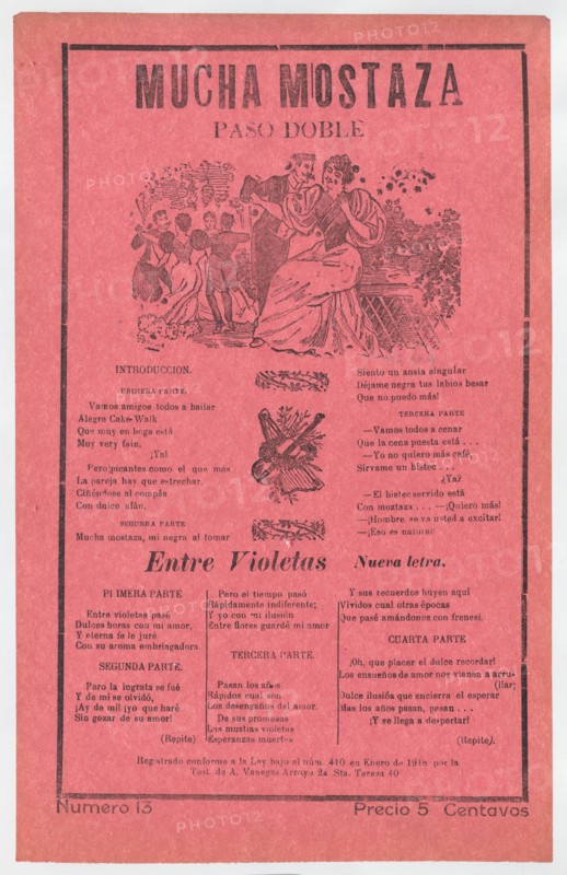 Broadsheet with songs for a two-step dance (paso doble), a man and woman talking while elegantly dressed couples dance in the background, ca. 1918 (published).