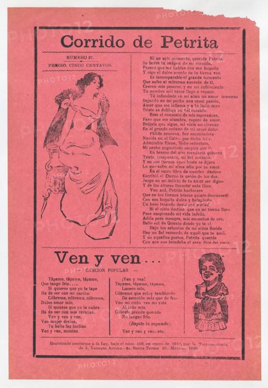 Broadsheet with two different love songs, woman wearing an evening gown sitting on the edge of her seat and another woman holding a cup, ca. 1918 (published).