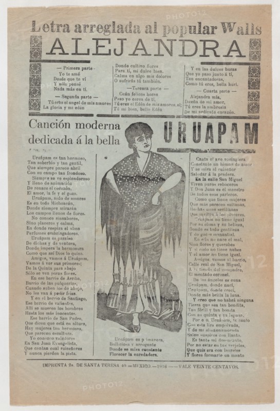 Broadsheet with two love ballads about desirable women, a woman wearing a shawl and a skirt with her hands placed on her hips, 1916 (published).