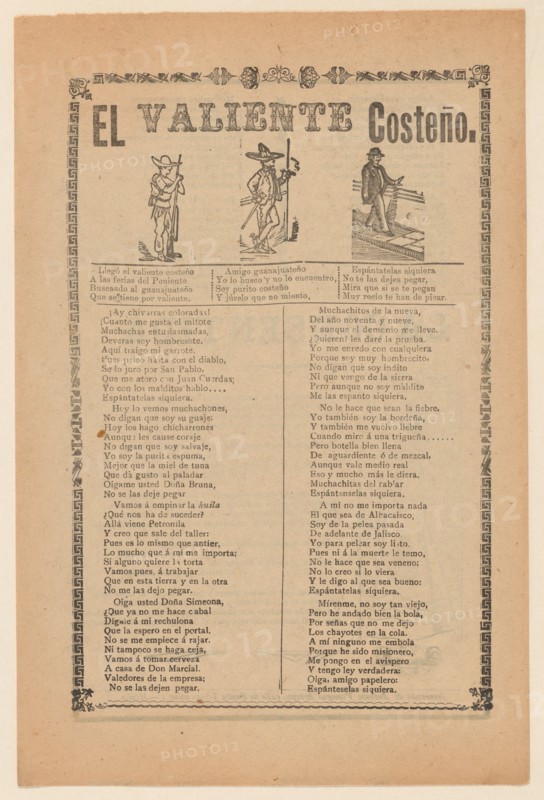 Broadside about a brave man from the west coast of Mexico, who is shown walking down a street wearing a sombrero, ca. 1899.