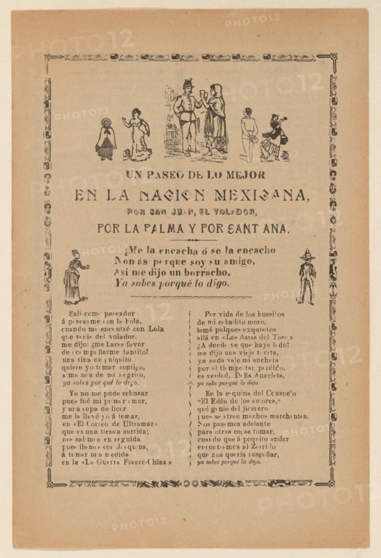 Broadside detailing a religious procession for Saint John and Saint Ana, multiple figures dancing and celebrating, ca. 1900-1913.