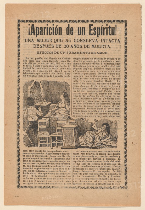 Broadside relating to a news story about an apparition of a spirit, women sitting up in bed looking at a ghost, ca. 1900-1913.