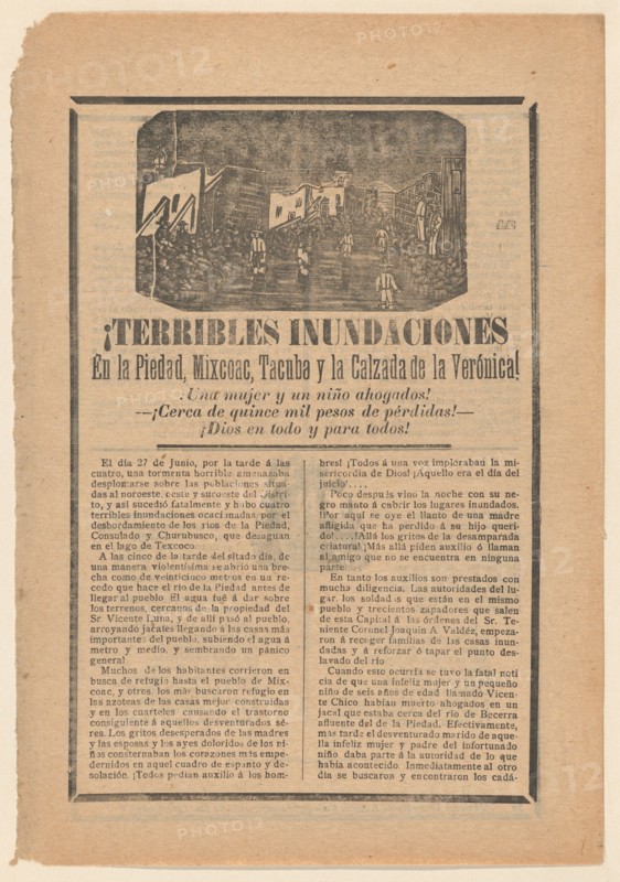 Broadside relating to a news story about floods in multiple cities, villagers wading through water, ca. 1900-1913.