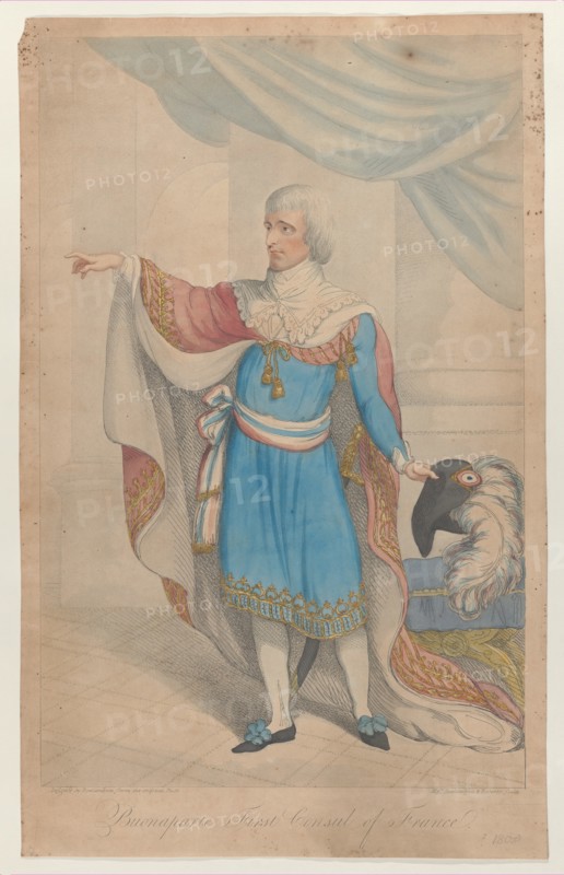 Buonaparte First Consul of France, 1800-04. full-length, in the costume of the Directoire, holding his hat, with a large ostrich-feather, in his left hand while his right arm is extended as he points with his forefinger