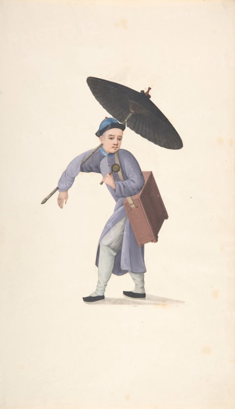 Chinese Man with Parasol, Rattle and Box, 19th century.