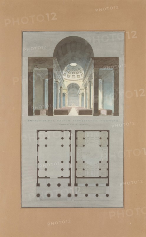 Church of the French Protestants (Eglise Français du Saint Esprit), New York (section and plan), 1831-34.