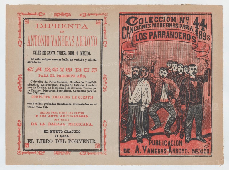 Cover for 'Canciones Modernas para 1898: Los Parranderos', group of men holding a banner and singing, ca. 1898.