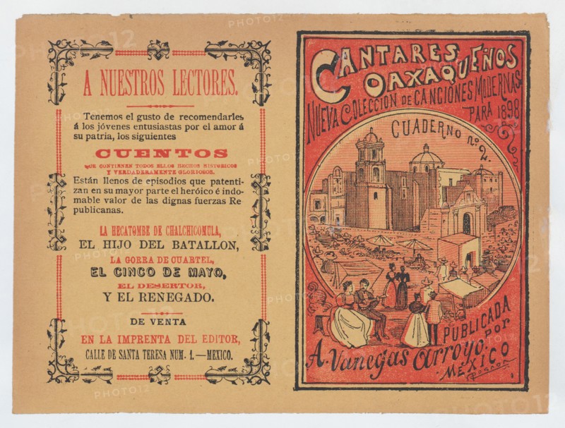 Cover for 'Cantares Oaxaqueños: Nueva Coleccion de Canciones Modernas para 1898', couples walking arm in arm on the outskirts of a town, ca. 1898.